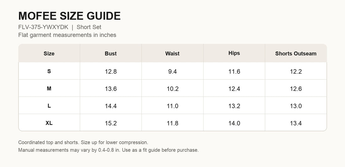 MOFEE Matching Yoga Set FLV-375-YWXYDK size guide in inches