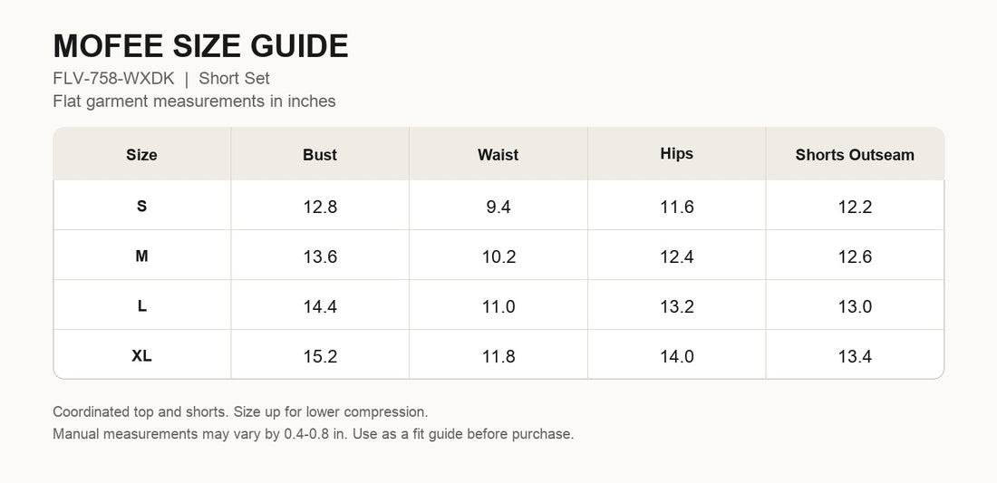 MOFEE Matching Yoga Set FLV-758-WXDK size guide in inches
