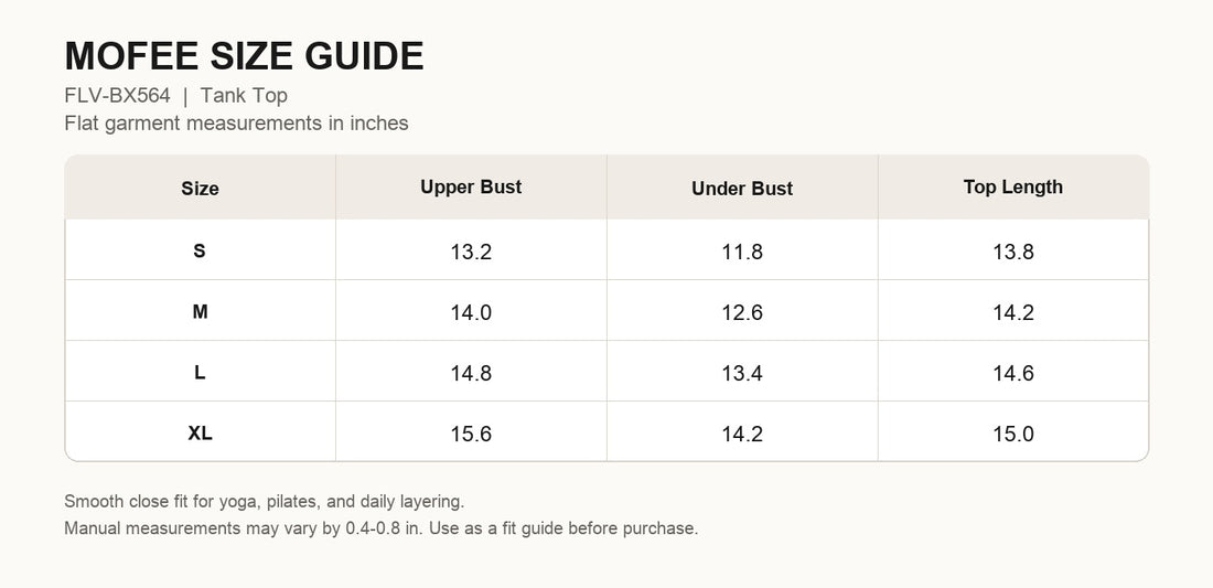 MOFEE Sculpt Studio Tank FLV-BX564 size guide in inches