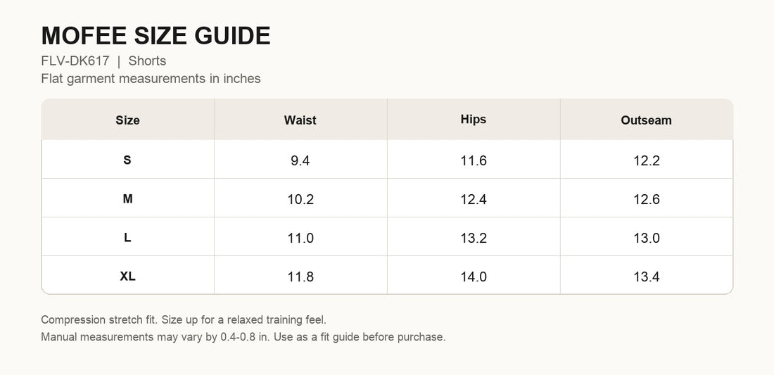 MOFEE Studio Training Short FLV-DK617 size guide in inches