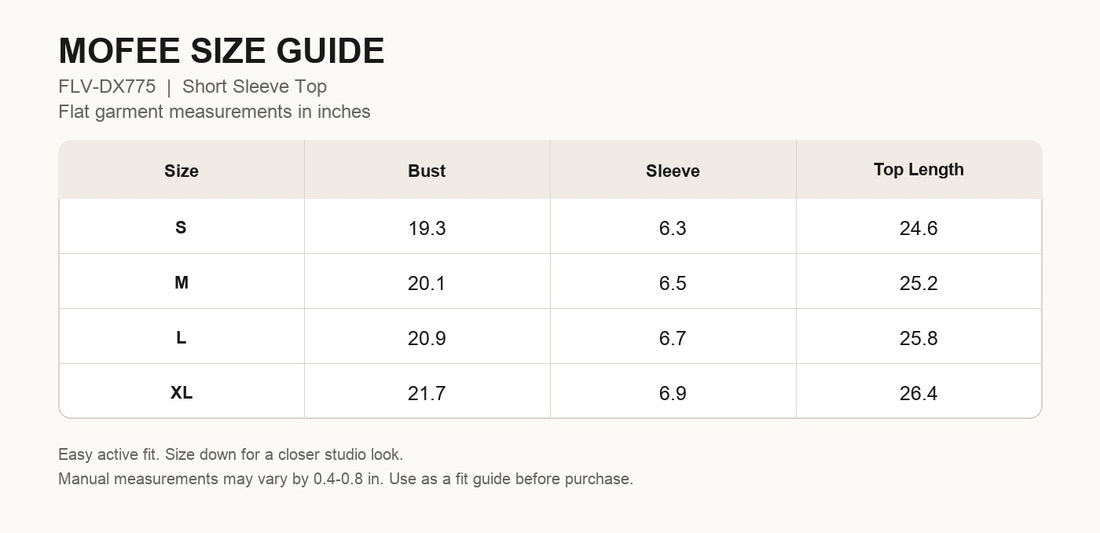 MOFEE Short Sleeve Yoga Tee FLV-DX775 size guide in inches