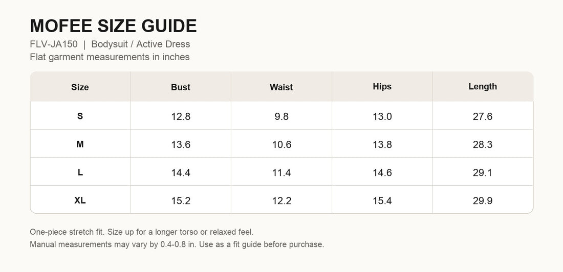MOFEE One-Piece Yoga Bodysuit FLV-JA150 size guide in inches