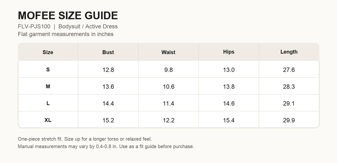 MOFEE One-Piece Yoga Bodysuit FLV-PJS100 size guide in inches