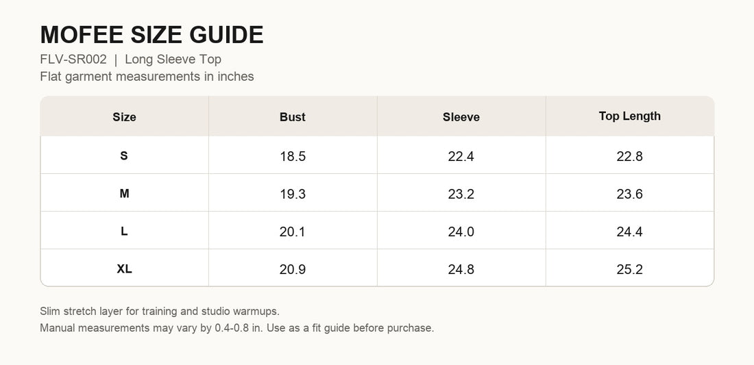 MOFEE Matching Yoga Set FLV-SR002 size guide in inches
