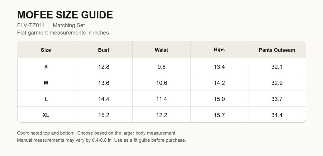 MOFEE Matching Yoga Set FLV-TZ011 size guide in inches