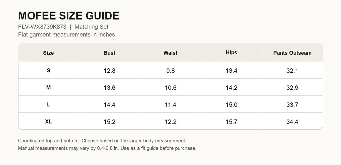 MOFEE Matching Yoga Set FLV-WX8739K873 size guide in inches