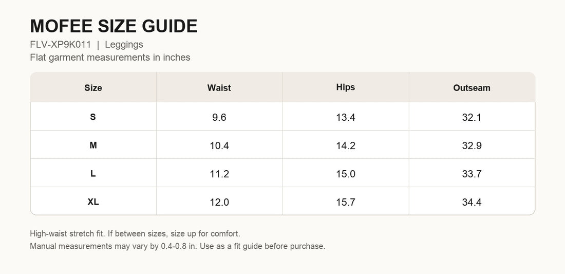 MOFEE High-Waist Sculpt Legging FLV-XP9K011 size guide in inches
