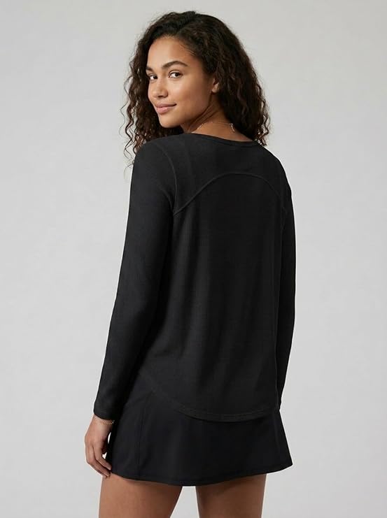 MOFEE Ribbed Half-Zip Polo Long Sleeve Top in Black