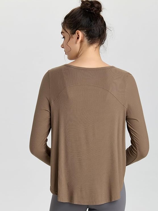 MOFEE Ribbed Half-Zip Polo Long Sleeve Top in Coffee Brown