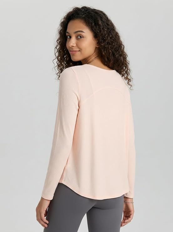 MOFEE Ribbed Half-Zip Polo Long Sleeve Top in Pink