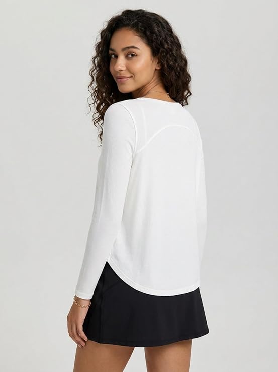 MOFEE Ribbed Half-Zip Polo Long Sleeve Top in White