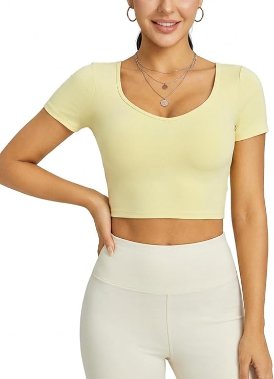MOFEE Scoop Neck Short Sleeve Crop Top in Butter Yellow