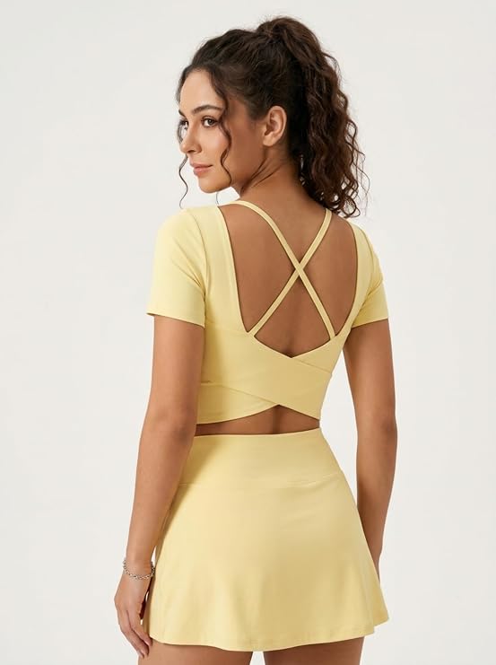 MOFEE Scoop Neck Short Sleeve Crop Top in Butter Yellow