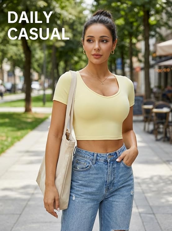 MOFEE Scoop Neck Short Sleeve Crop Top in Butter Yellow