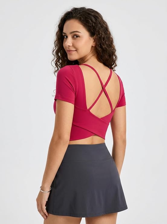 MOFEE Scoop Neck Short Sleeve Crop Top in Rose Pink