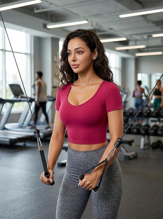 MOFEE Scoop Neck Short Sleeve Crop Top in Rose Pink