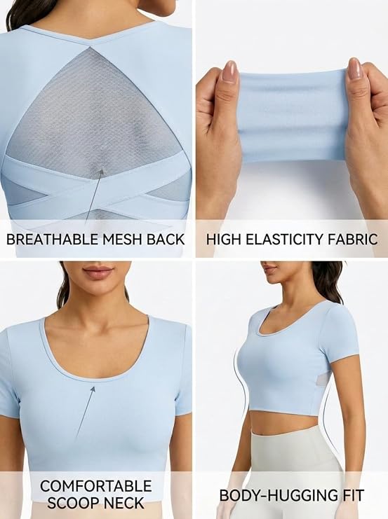 MOFEE Sweetheart Neck Cropped Yoga Top in Blue
