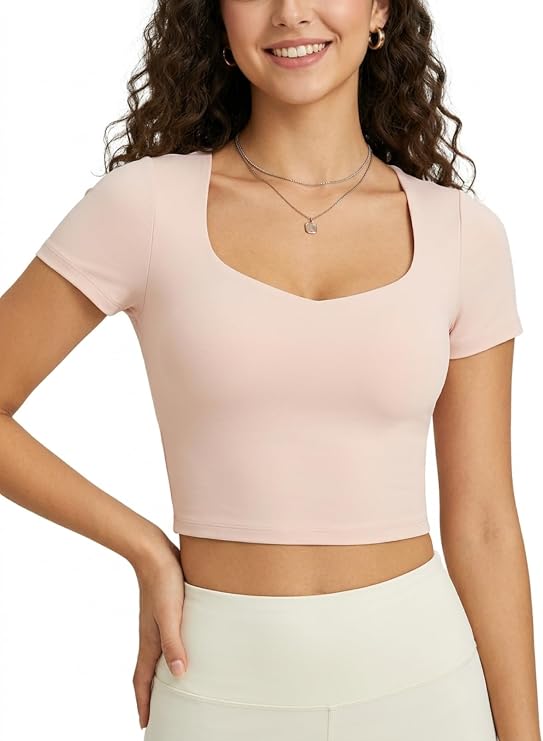 MOFEE Sweetheart Neck Cropped Yoga Top in Pink