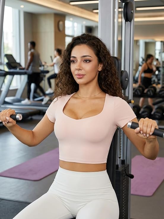 MOFEE Sweetheart Neck Cropped Yoga Top in Pink