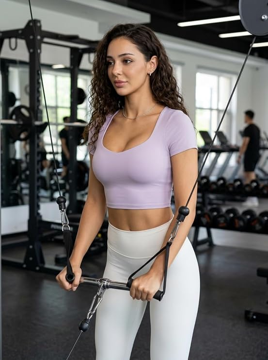 MOFEE Sweetheart Neck Cropped Yoga Top in Purple