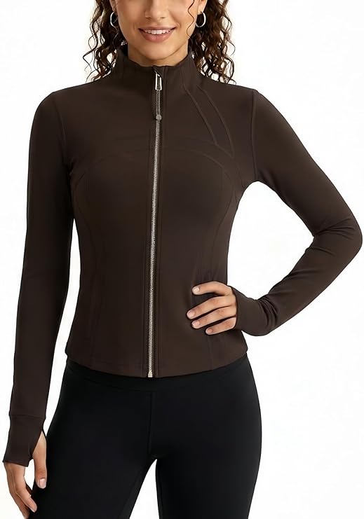 MOFEE Mock Neck Zip-Front Training Jacket in Coffee Brown