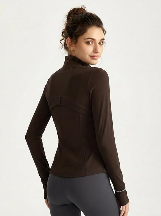 MOFEE Mock Neck Zip-Front Training Jacket in Coffee Brown