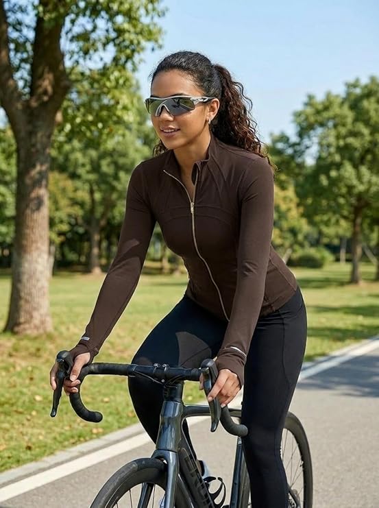 MOFEE Mock Neck Zip-Front Training Jacket in Coffee Brown