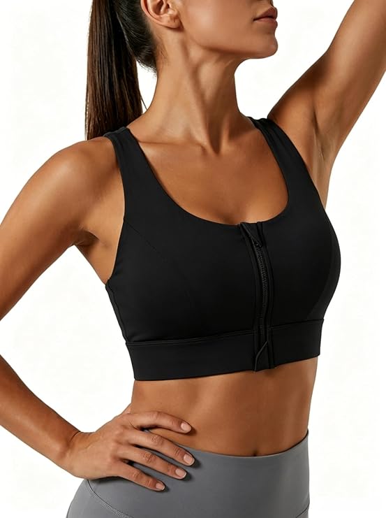 MOFEE Zip-Front Scoop Sports Bra in Black