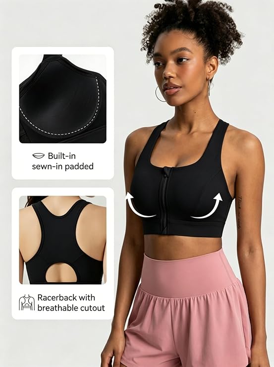 MOFEE Zip-Front Scoop Sports Bra in Black
