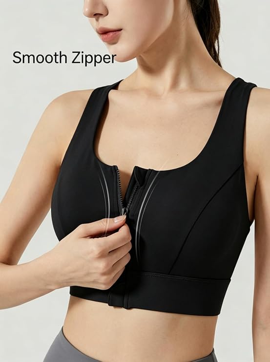 MOFEE Zip-Front Scoop Sports Bra in Black