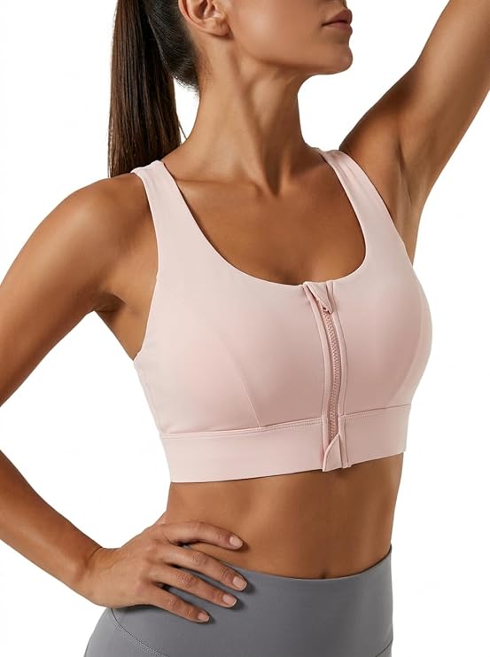 MOFEE Zip-Front Scoop Sports Bra in Pink