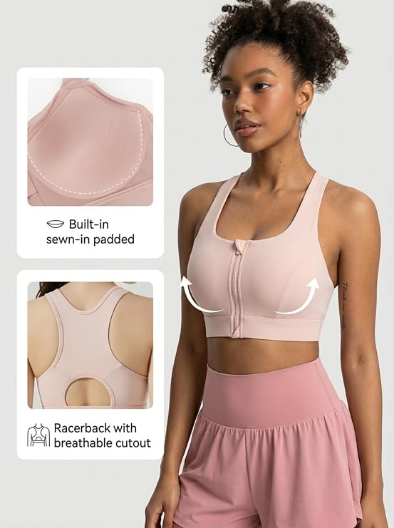 MOFEE Zip-Front Scoop Sports Bra in Pink