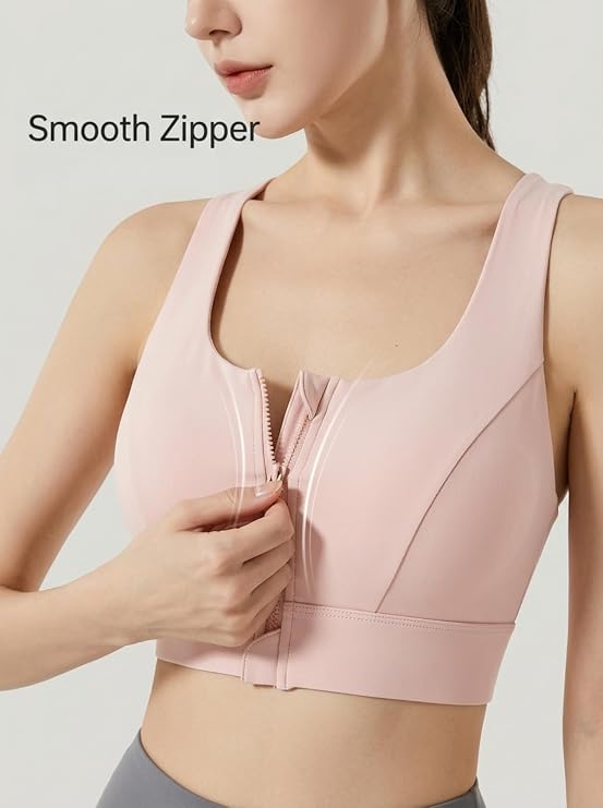 MOFEE Zip-Front Scoop Sports Bra in Pink