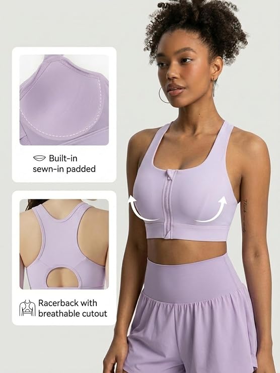 MOFEE Zip-Front Scoop Sports Bra in Purple