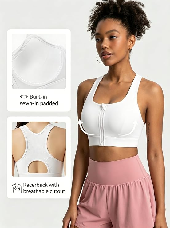 MOFEE Zip-Front Scoop Sports Bra in White