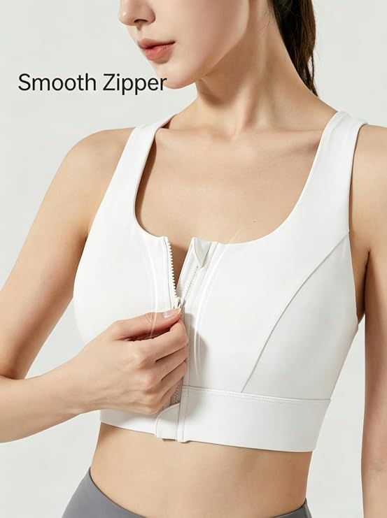 MOFEE Zip-Front Scoop Sports Bra in White