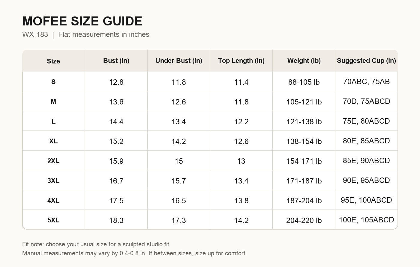 MOFEE Size Guide WX-183